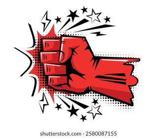 Explosive blow fist, strong punch upward blow, uppercut in comic style. Fist punching, hit strong fist. Vector on transparent background