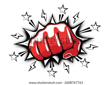 Explosive blow fist,  strong punch drawn in comic style. Fist punching, hit strong fist. Vector on transparent background
