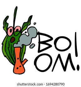 Explosive bong and hemp in cartoon style. Color smoking marijuana. Sound text "Boom!" handwritten. Hand-drawing drug in vector on a white background. Stock image for design, print and websites.