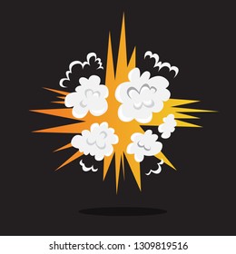 Explosive boom effect. Smoke from bomb explosion. Comic effect. Bright design element with flame and fire. Isolated vector illustration in cartoon style
