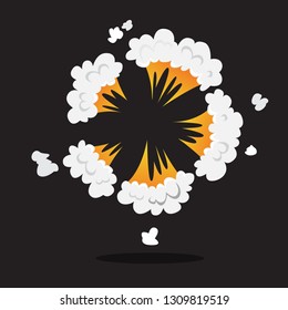 Explosive boom effect. Smoke from bomb explosion. Comic effect. Bright design element with flame and fire. Isolated vector illustration in cartoon style