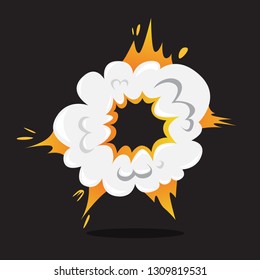 Explosive boom effect. Smoke from bomb explosion. Comic effect. Bright design element with flame and fire. Isolated vector illustration in cartoon style