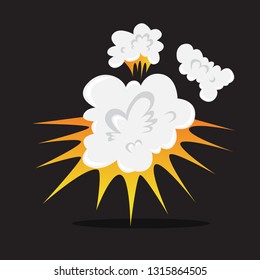 Explosive boom effect. Smoke from bomb explosion. Comic effect. Bright design element with flame and fire. Isolated vector illustration in cartoon style