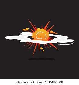 Explosive boom effect. Smoke from bomb explosion. Comic effect. Bright design element with flame and fire. Isolated vector illustration in cartoon style
