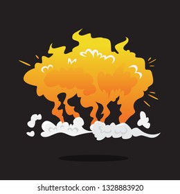 Explosive boom effect. Smoke from bomb explosion. Comic effect. Bright design element with flame and fire. Isolated vector illustration in cartoon style