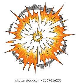 An explosive burst displays vibrant flames and smoke. The central area is bright white surrounded by orange and yellow splashes. It captures the intensity of an explosion.