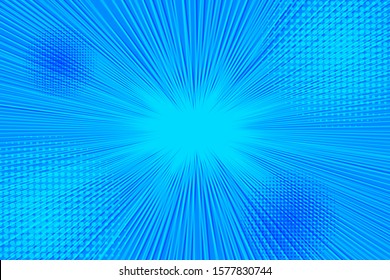 Explosive bursting bright blue background with rays beams and halftone effects. Vector illustration