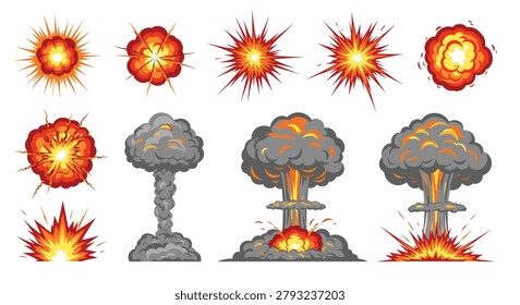 Explosive collection of various blast effects includes mushroom clouds, fireballs, and radiating energy bursts in a comic book art style.
