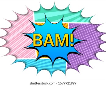 Explosive comic composition with blue cloud Bam wording different humor effects and speech bubble shape cutting out from paper. Vector illustration