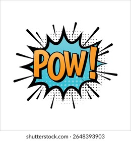 Bolha de fala de quadrinhos explosiva com texto em negrito 'POW!' no estilo pop art retrô. Fundo de meio-tom azul, explosão dinâmica e vintage expressão de desenhos animados inspirados por Roy Lichtenstein