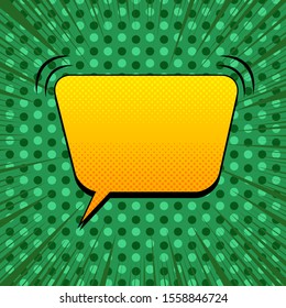 Explosive comic template with blank yellow speech bubble sound rays dotted halftone effects on green background. Vector illustration
