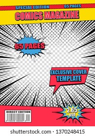 Explosive comics poster with different wordings colorful speech bubbles rays halftone effects on transparent background. Vector illustration