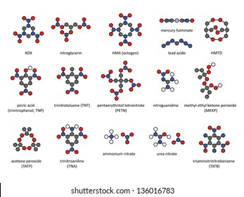 Explosive compounds, 2D chemical structures (set). Atoms are represented as conventionally color-coded circles. Included are nitroglycerin, RDX, HMX, TATB, MEKP, TNT, PETN, ammonium nitrate, etc