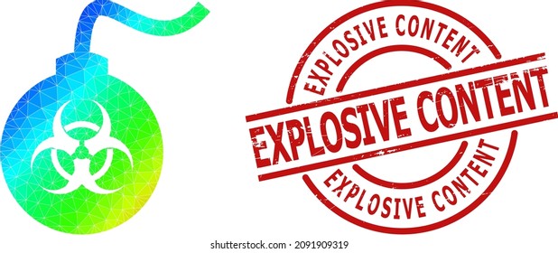 Explosive Content corroded stamp imitation and lowpoly rainbow colored biohazard bomb icon with gradient. Red stamp contains Explosive Content caption inside round and lines form.