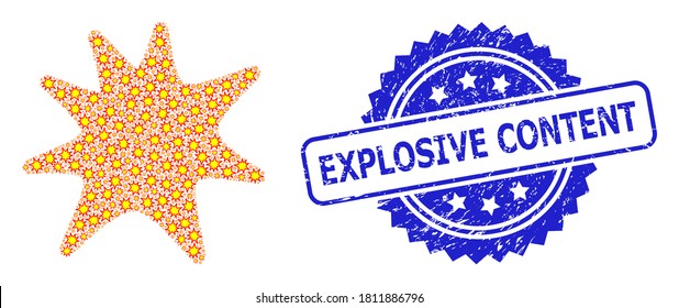 Explosive Content scratched stamp seal and vector recursion mosaic exploding boom. Blue stamp seal has Explosive Content tag inside rosette.
