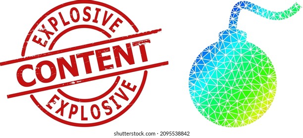 EXPLOSIVE CONTENT unclean seal, and lowpoly spectrum colored bomb icon with gradient. Red stamp has Explosive Content title inside circle and lines shape.