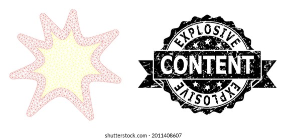 Explosive Content unclean seal and vector exploding boom mesh structure. Black stamp includes Explosive Content text inside ribbon and rosette. Abstract flat mesh exploding boom,