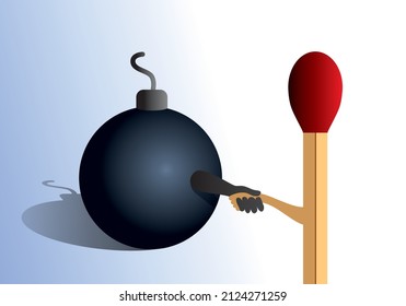 Explosive danger concept with the symbol of a hand handle between a bomb and a match.