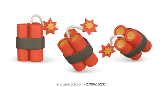 Palos De Dinamita Explosiva Con Fusible Ardiente Y Estrella De Dibujos Animados Chispas En Estilo 3D. Divertido Juguete Como Icono De Bomba Roja Para El Juego, App O Diseño De Animación. Ilustración vectorial.