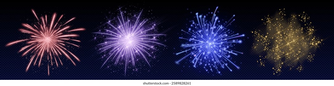 Explosive firework effects set - pink, purple, blue and golden firecracker bursts with sparkling particles on dark background. Festive glowing pyrotechnic elements for celebration holiday designs.