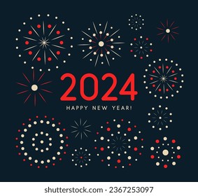 Explosive fireworks and radiant bursts of color with New Year 2024 numbers. Perfect for New Year party invitations and festive banners. Vector illustration.