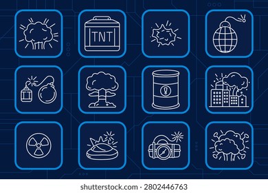 Explosive hazard set icon. TNT box, detonator bomb, mushroom cloud, radioactive barrel, city destruction, timed explosive, warning blast, radiation sign, military detonation, dangerous disaster symbols