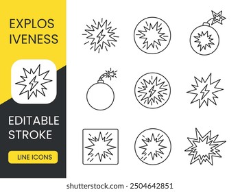 Explosive hazard vector line icon set with editable stroke.