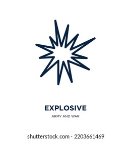 ícono explosivo del ejército y colección de guerra. Explosivo lineal delgado, fuego, icono de contorno de ráfagas aislado en fondo blanco. Signo explosivo de vector de línea, símbolo para web y móvil