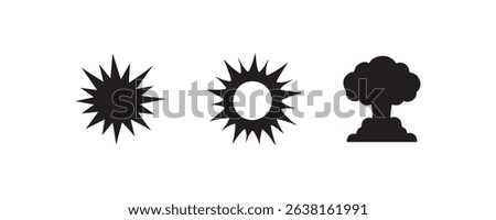 Explosive icon set: starburst, sunburst, mushroom cloud in black silhouette.