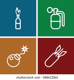 explosive icons set. Set of 4 explosive outline icons such as bomb, rocket bomb