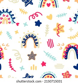 Explosive juicy vector pattern in scandinavian style. Bright kawaii doodles, rainbows, confetti, stars and twigs for prints, backgrounds, wrappers, gifts, holidays, textiles, covers, decor, interior