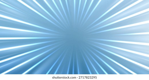 Raios de luz explosivos explodem do centro com trilhas de velocidade azul elétrica. Linhas de movimento de néon abstratas criam efeito de ação de quadrinhos dinâmico com brilho futurista e energia. Fundo abstrato, ilustração vetorial.