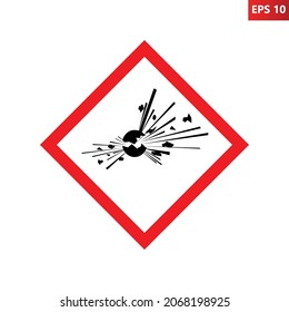 Explosive Materials Hazard Sign. Substances And Preparations Which May Explode.Vector Illustration Of Red Border Square Sign With Explosion Icon Inside. Danger Zone. Caution Dangerous Material.