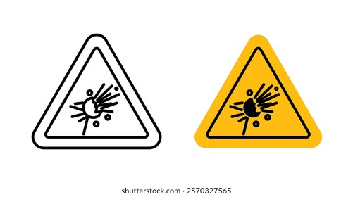 Explosive materials hazard signs vectors set in black. line and flat versions