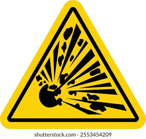 Explosive materials sign. Explosives warning sign. Yellow triangle sign with an explosion icon inside. Caution, explosive material. Life threatening.