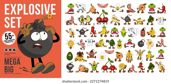 Explosive mega set of comic characters in retro cartoon style. Cute comic gloved hands characters in cartoon 1930s style. Doodle Comic characters for any life situation in new trend style.