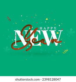 Explosive Message of Happy New Year Font with Confetti on Green Snowflakes Background.