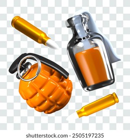 Explosive mixture in glass bottle, grenade, cartridge with bullet