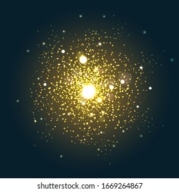 Partículas explosivas amarillas. Luces brillantes efecto de oro vectorial, textura de alumbrado de oro mágico, puntos de explosión relucientes sobre fondo oscuro