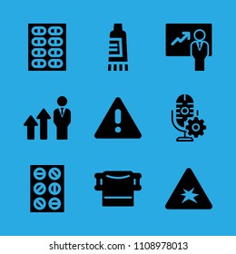explosive, pills, promotion, tablets, microphone, warning, presentation, towel and cream vector icon. Simple icons set