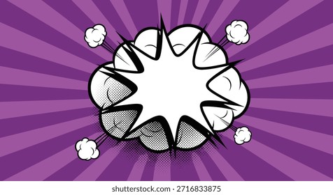 Nube cómica de arte pop explosivo con un centro en blanco para su texto en un diseño de fondo dinámico retro púrpura sunburst.