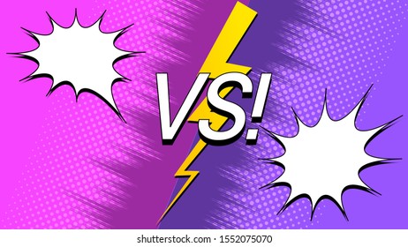 Explosive rivalry background with purple and pink sides rays halftone white speech bubbles VS letters lightning. Vector illustration