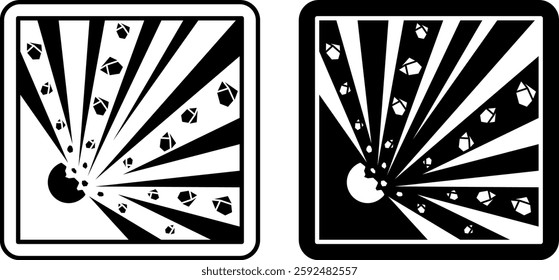 Explosive Signs. Labels for Cardboard Packaging. Black and White Vector Icons. Logistics, Delivery. Warning Symbol, Handle with Care.