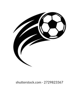 Ícone de bola de futebol explosivo com trilhas de velocidade de chama. Vetor de futebol dinâmico com linhas de movimento agressivas isoladas no branco. Poderoso símbolo de ação esportiva para jogos extremos, logotipos de competição e marcas de torneio