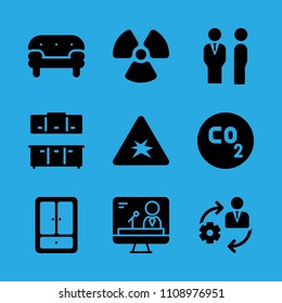 explosive, sofa, television, cabinets, radioactive, co, closet, management and managers vector icon. Simple icons set