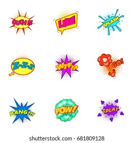 Explosive stickers icons set. Cartoon set of 9 explosive stickers vector icons for web isolated on white background