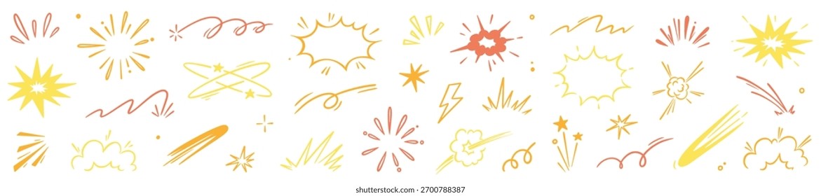 Conjunto de efecto dorado de línea cómica de sorpresa explosiva. Dibujado a mano doodle efecto de velocidad de dibujos animados, Elementos de acción de explosión explosiva de oro. Formas de lujo de línea sorpresa de dibujos animados cómicos. Ilustración vectorial.