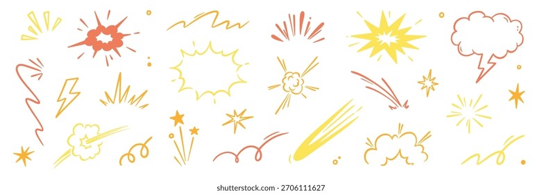 Conjunto de efecto dorado de línea cómica de sorpresa explosiva. Dibujado a mano doodle efecto de velocidad de dibujos animados, Elementos de acción de explosión explosiva de oro. Formas de lujo de línea sorpresa de dibujos animados cómicos. Ilustración vectorial.