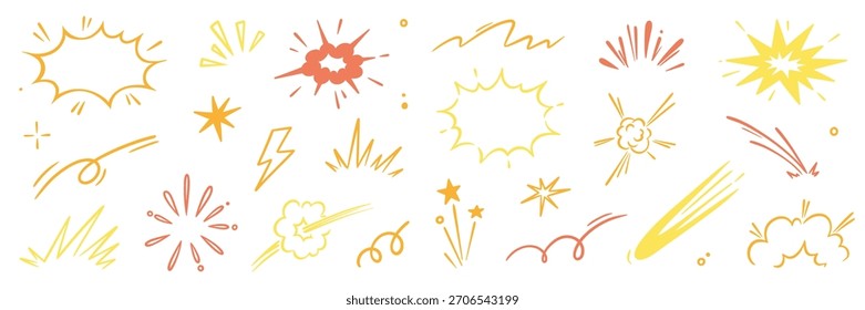 Explosivo surpresa jogo de efeito de ouro linha cômica. Efeito de velocidade de desenhos animados desenhados à mão, elementos de ação de explosão de ouro explosivo. Quadrinhos de luxo de linha surpresa. Ilustração vetorial.
