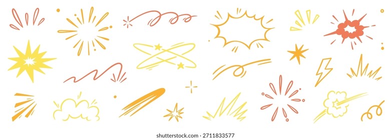 Conjunto de efecto dorado de línea cómica de sorpresa explosiva. Dibujado a mano doodle efecto de velocidad de dibujos animados, Elementos de acción de explosión explosiva de oro. Formas de lujo de línea sorpresa de dibujos animados cómicos. Ilustración vectorial.